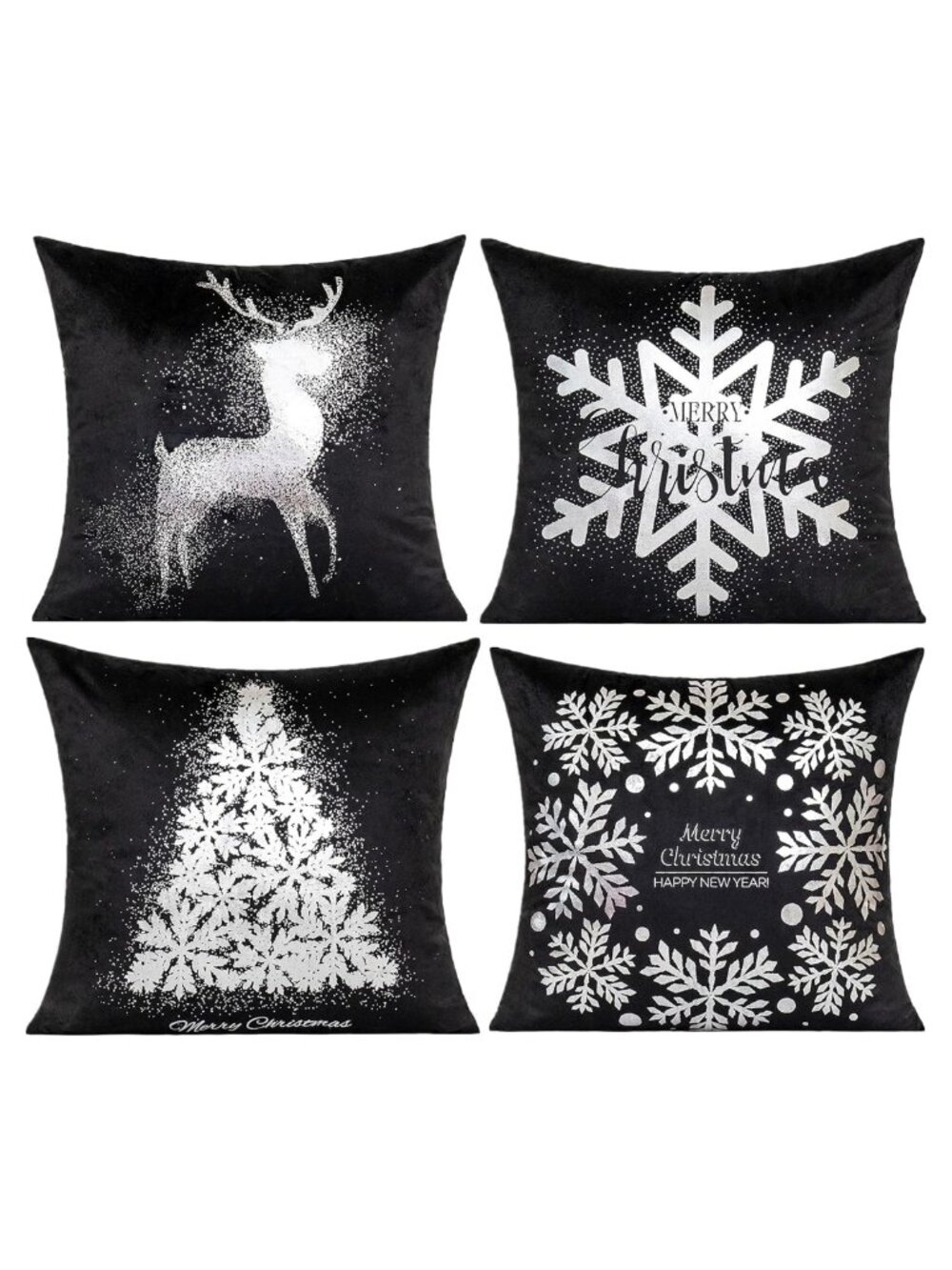 All Smiles ✨Christmas Pillow Covers 18x18 Set of 4 Black Silver NWT 🎄❄️
